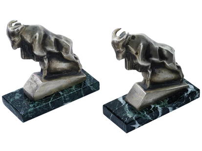 1930S FRENCH BRONZE BOOK ENDS BY MAX LE VERRIER: A pair of cast bronze bookends by Louis Octave Maxime Le Verrier, known as Max Le Verrier, 1891 to 1973, a French sculptor, a prominent figure of the Art Deco period. Ca. 1930s. The figurines represen