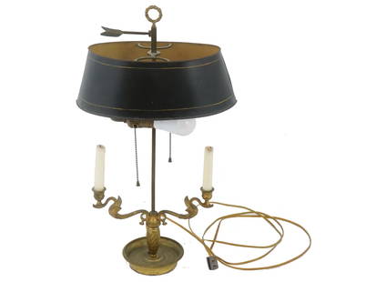 19TH CEN LOUIS XVI MANNER GILT BRONZE BOUILLOTTE LAMP: An antique French Louis XVI manner two lights gilt bronze bouillotte lamp. The lamp is adorned with a black metal tin shade. The figural bowls are made in a swan design, engraved with detailed pattern