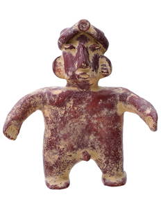 ANCIENT PRE COLUMBIAN NAYARIT CERAMIC MALE FIGURINE: An ancient Pre Columbian, hand crafted ceramic male figurine. Presumably related to the Mesoamerican Nayarit culture of Ancient Mexico. Wide body with splayed arms and scratched finger outlines. Short