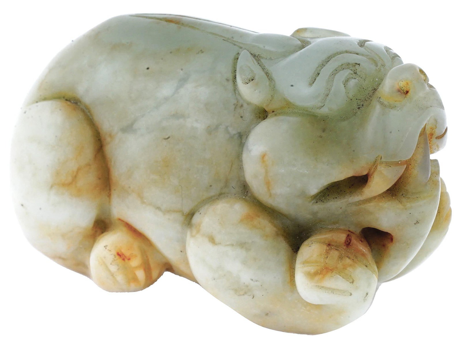 ANTIQUE CHINESE PIXIU CARVED JADE AMULET PENDANT: An antique Chinese hand carved brownish green Jade amulet figural pendant. The pendant is made in a shape of a Pixiu, a Chinese mythical hybrid creature. Pixiu are considered powerful protectors of th