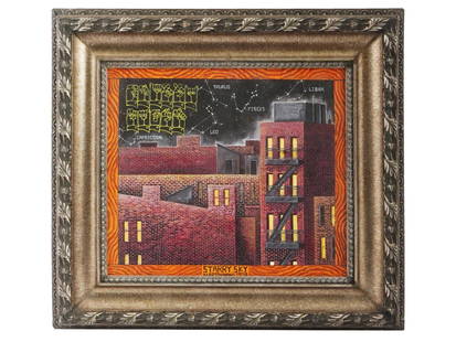 AMERICAN CHINESE SKY OIL PAINTING BY MARTIN WONG: Martin Wong, Chinese, American, 1946 to 1999, oil painting on canvas, Starry Sky, 1978. Signed, titled, and dated, lower to the center. Framed. Martin Wong was a Chinese American painter of the late 2