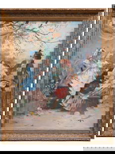 FRENCH GENRE SCENE OIL PAINTING BY EMILE PINCHART: Oil on canvas painting by Emile-Auguste Pinchart, 1842 to 1920, a French artist, student of Jean-Leon Gerome. The artwork depicts a genre scene, a family in the autumn garden. Titled The Visitation. S