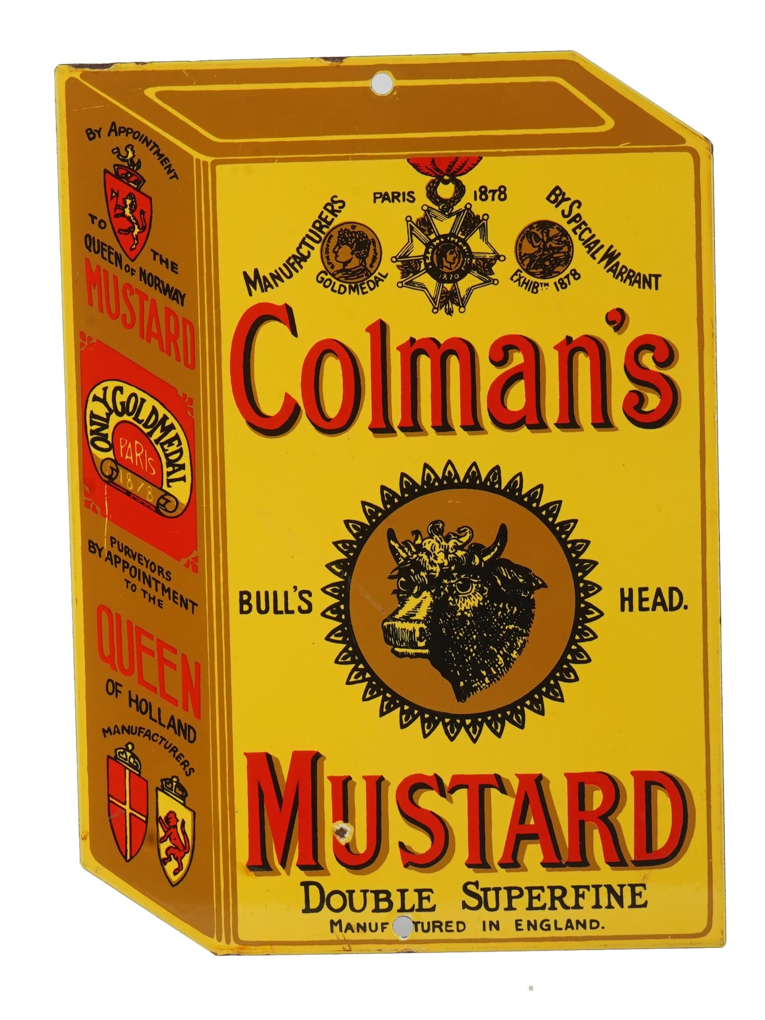 MID CENTURY COLMANS MUSTARD ADVERTISMENT TIN SIGN: A mid-20th century tin sign, an advertisement for Colmans Mustard. The sign presents the yellow mustard package with bulls head emblem and medals. Colmans is an English manufacturer of mustard and oth