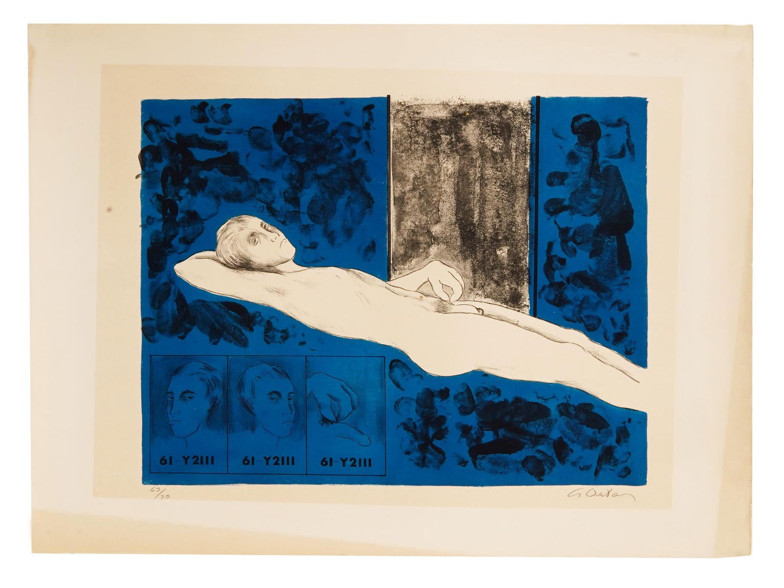 PANAMANIAN EROTIC COLOR LITHOGRAPH BY ALBERTO DUTARY: Color lithograph on paper by Alberto Dutary, 1932 to 1998, a Panamanian Surrealist artist and art teacher. The artwork depicts a reclining nude man against the blue background. Inscription 61-Y211 in