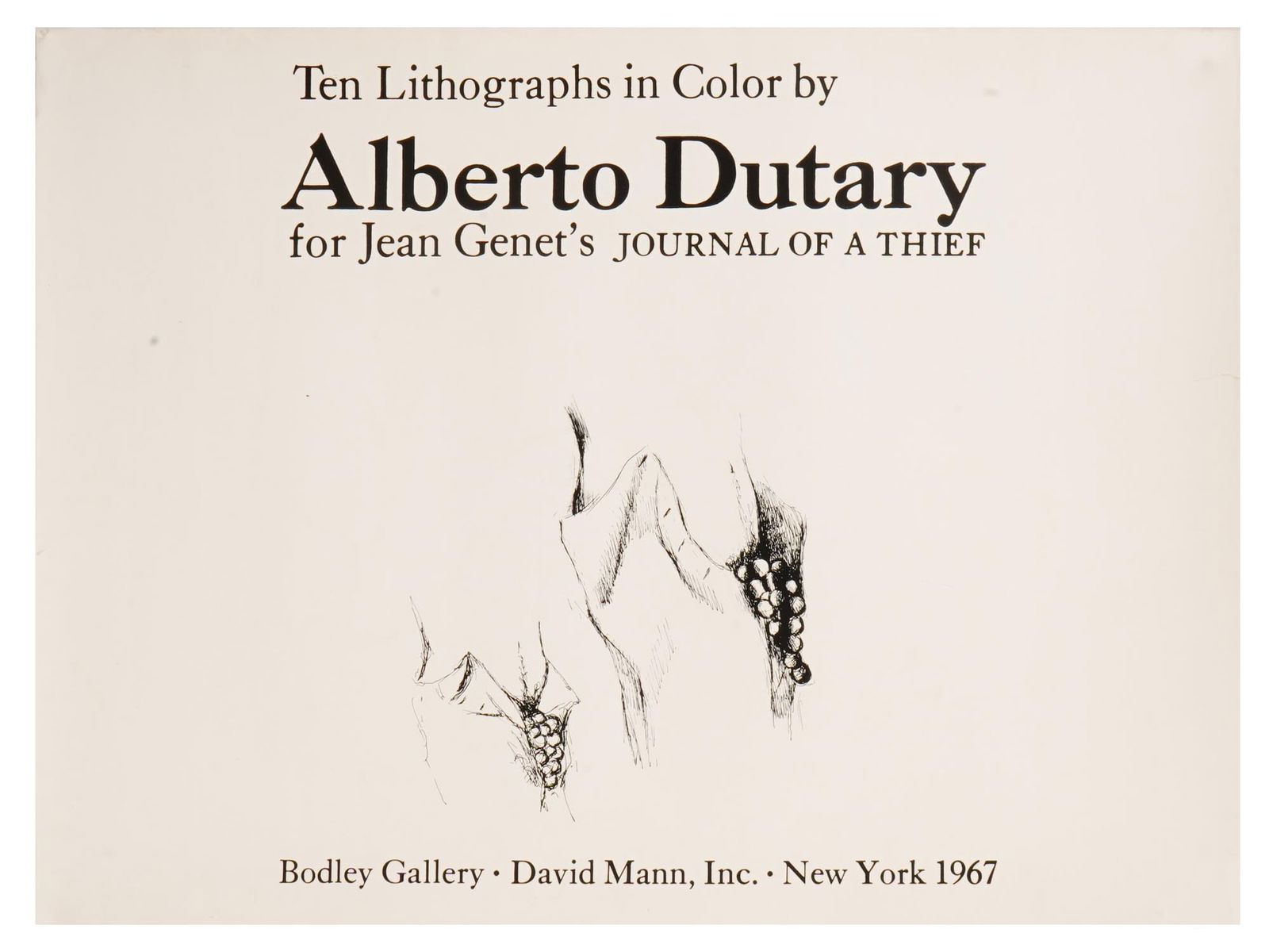 1967 COVER FOR JOURNAL OF A THIEF BY ALBERTO DUTARY: Cover of a portfolio titled Ten Lithographs in Color by Alberto Dutary for Jean Genets Journal of a Thief. Published by Bodley Gallery, David Mann Inc., New York, 1967. Limited edition of 75 copies. T