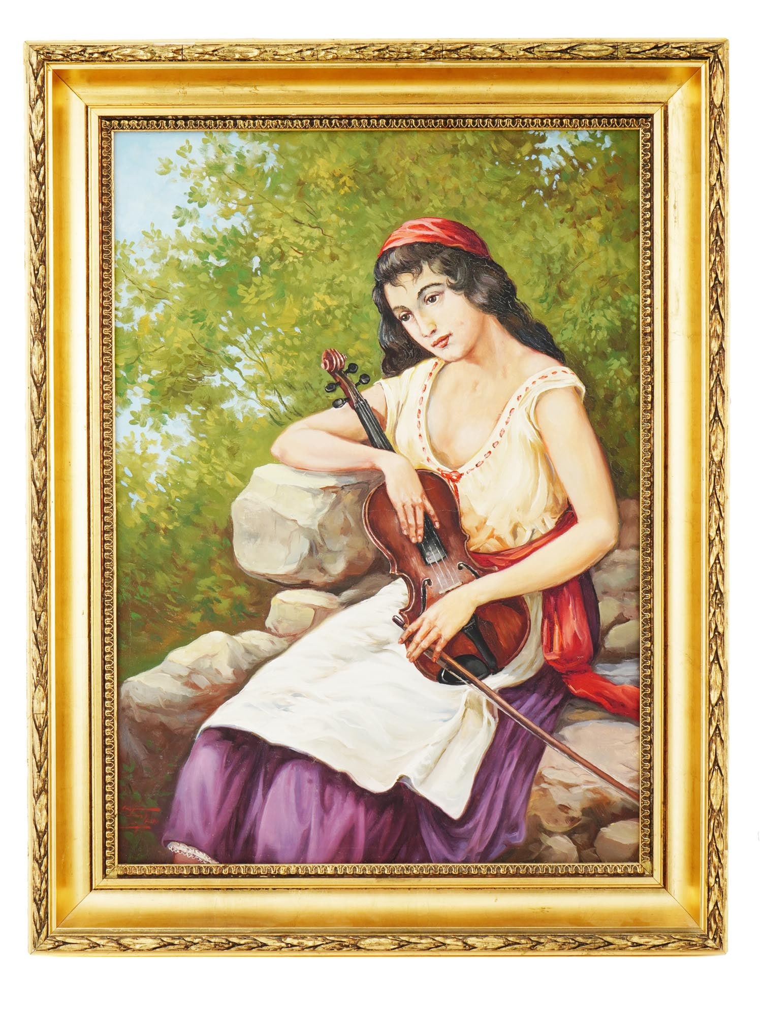 MID CENTURY FEMALE VIOLIN PLAYER PAINTING BY PAPA: A mid century oil painting on canvas, capturing the serene poise of a female violin player. The artists use of vibrant yet harmonious colors brings to life the focused expression of the musician. Sign