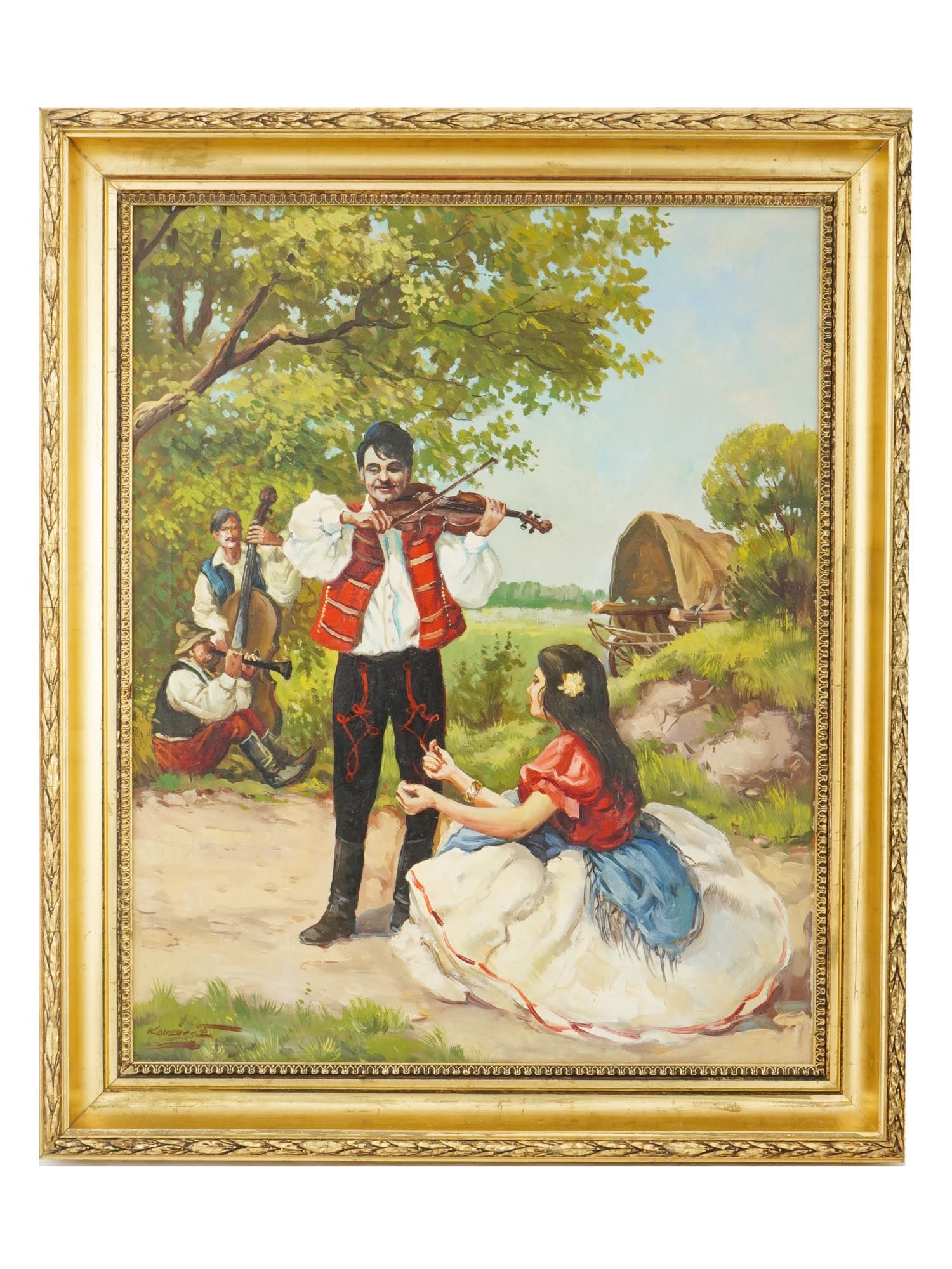 HUNGARIAN ROMA RURAL SCENE PAINTING BY ELEMER KOVACS: Elemer Kovacs, Hungarian, born 1930, oil painting on canvas, presenting a vivid rural scene inhabited by Roma individuals. Kovacs work encapsulates the dynamic spirit of the Hungarian countryside, wit