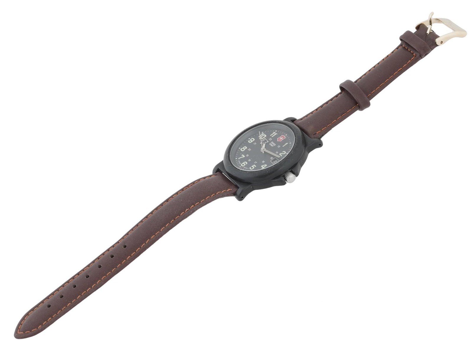 VICTORINOX SWISS ARMY CAVALRY GUNMETAL WRISTWATCH: A vintage mens wristwatch by Victorinox Swiss Army. Water resistant. Cavalry gunmetal case with single crown. Black dial with date window, fluorescent Arabic numerals, marked Swiss Army, Swiss Made. B