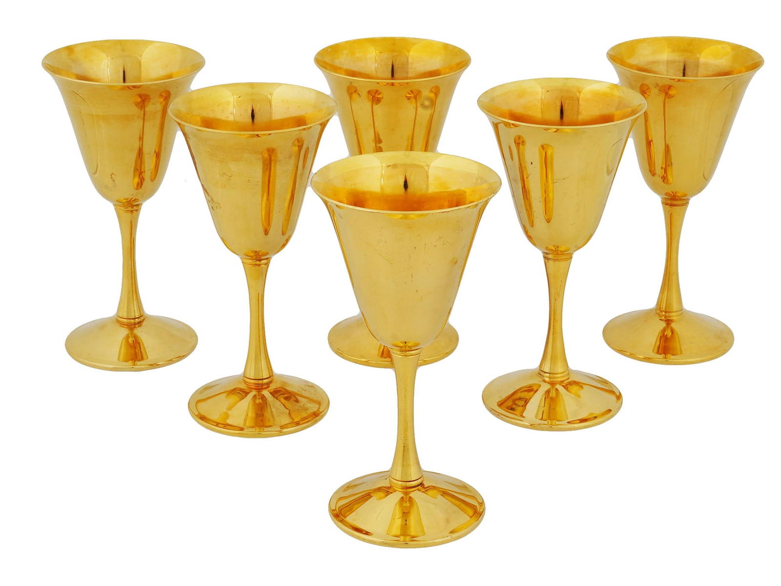 BOLOGNA ITALIAN GILT SILVER PLATED WINE GLASSES SET: A set of vintage mid-20th century Italian silver-plated wineglasses with golden finish. A total of 6 items. Polished goblets with cone bowls and everted rims. Total Weight: 884 grams. Hallmark Bologna