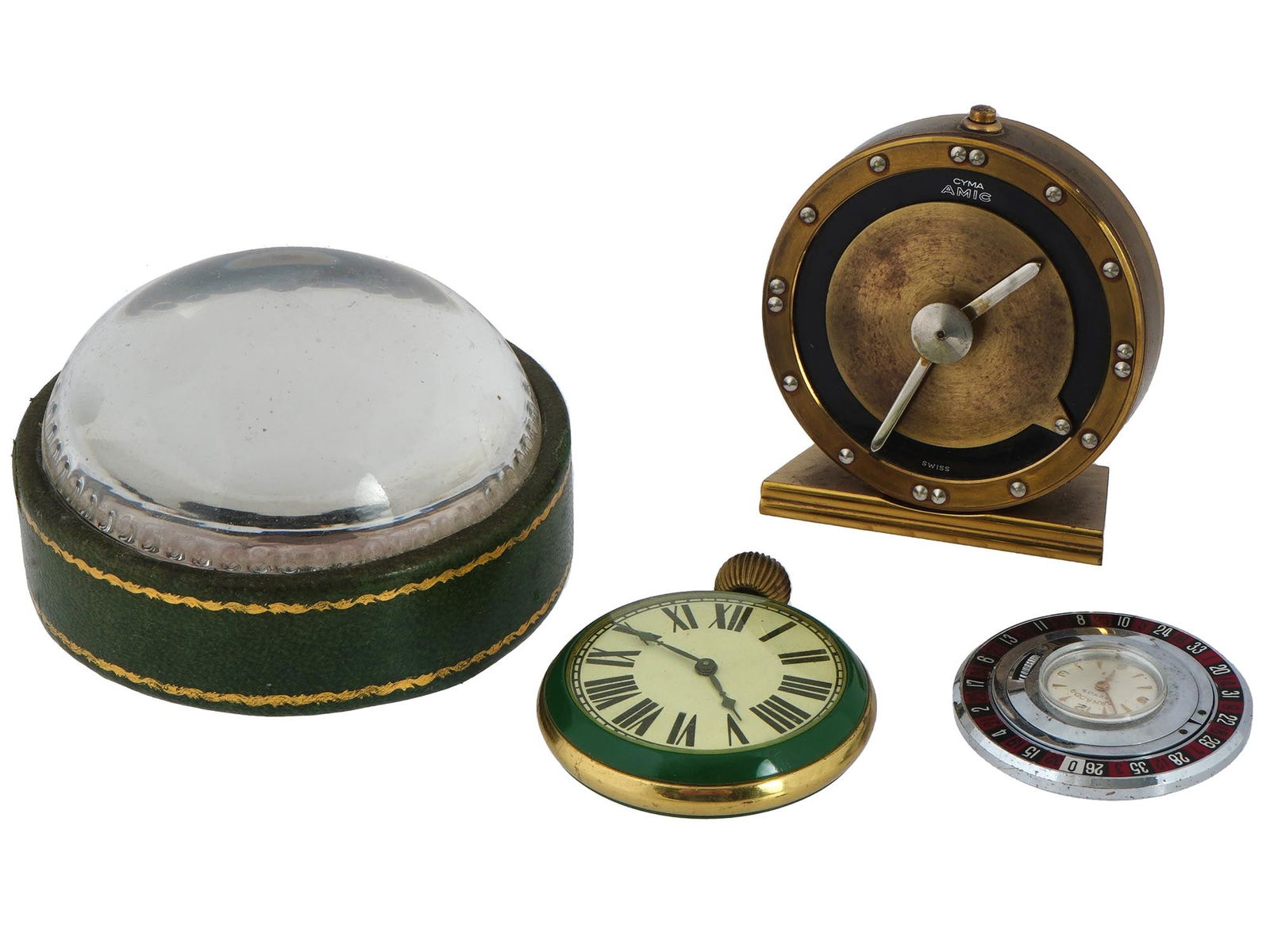 TWO VTG CLOCKS AND CLOCK PAPERWEIGHT WITH GLASS (1 of 7)