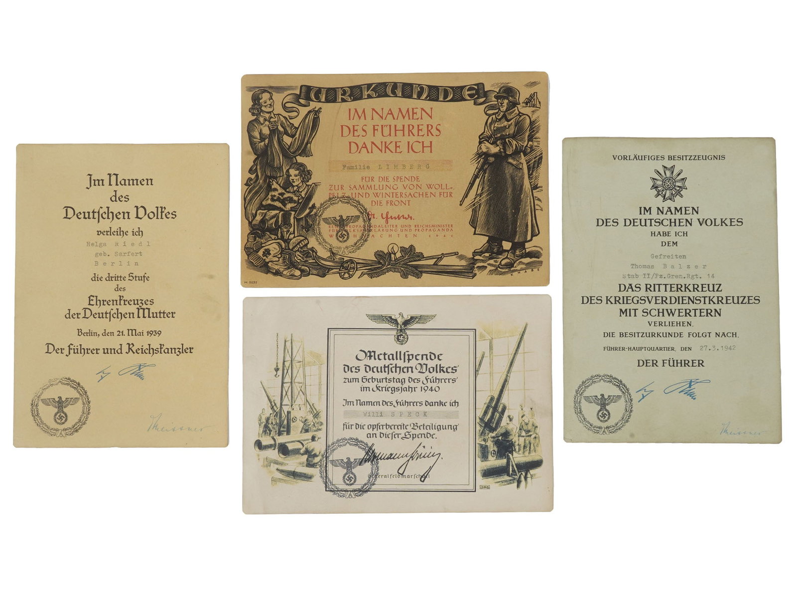 WWII GERMAN DOCUMENTS OF THIRD REICH 1939 TO 1942: A lot of four German documents of the Third Reich, 1939 to 1942, 2 award certificates and 2 thanks. Text on the first document: Provisional Certificate of Possession. Thomas Balzer is awarded the Knig