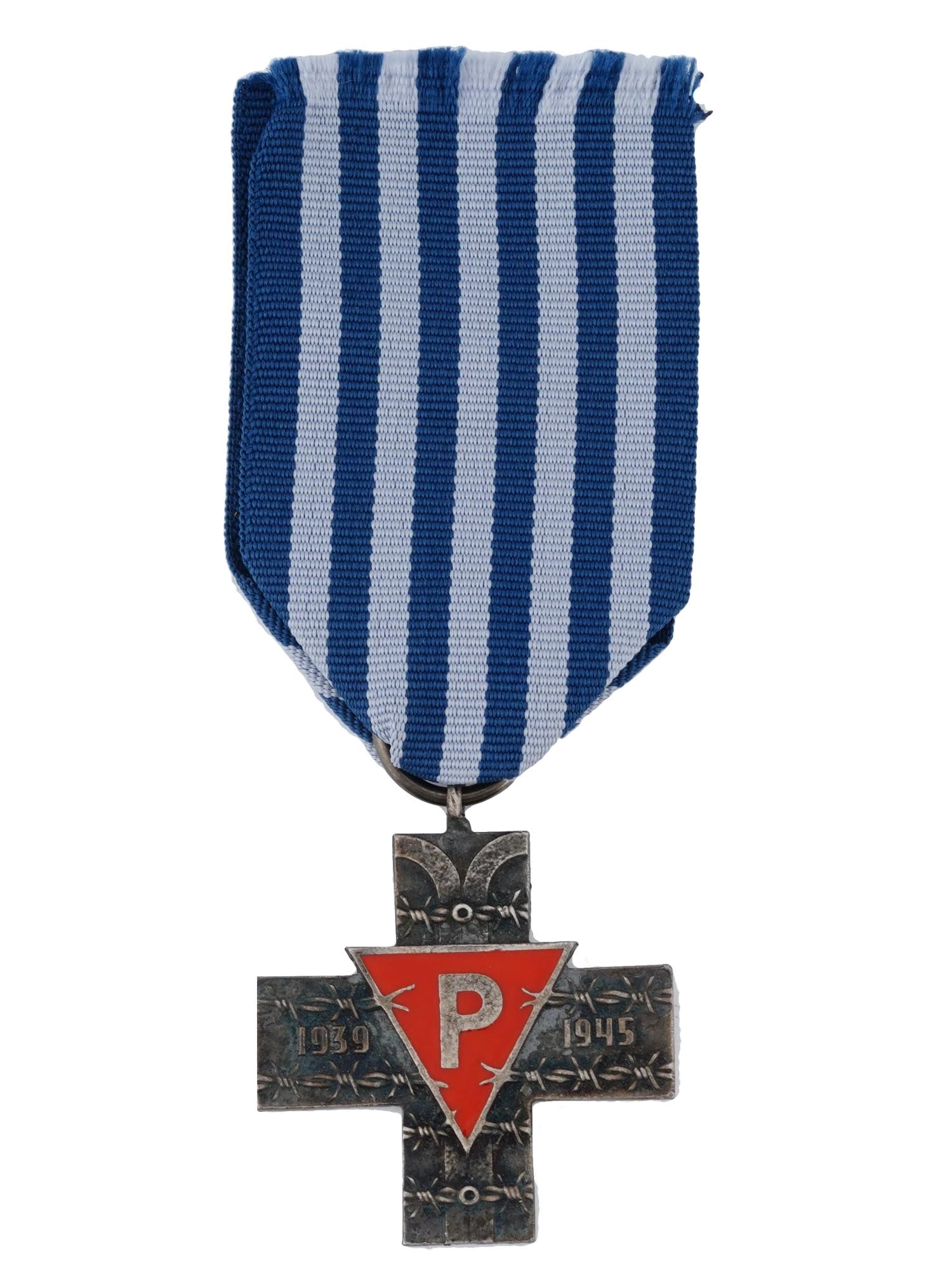 POST WWII POLISH AUSCHWITZ CROSS MEDAL: A post WWII Polish Auschwitz Cross medal awarded to honor survivors of Nazi German concentration camps. Features a silver cross on a blue and white striped ribbon. The obverse shows barbed wire and ca