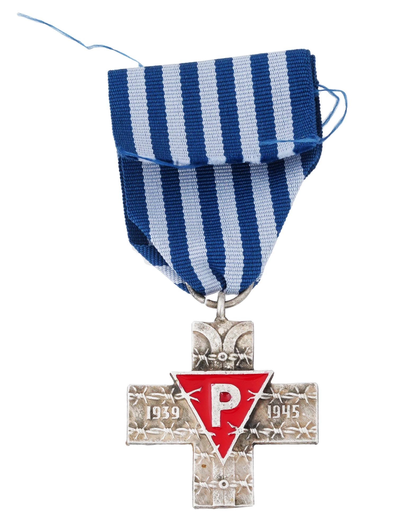 POST WWII POLISH AUSCHWITZ CROSS MEDAL: A post WWII Polish Auschwitz Cross medal awarded to honor survivors of Nazi German concentration camps. Features a silver Greek cross on a blue and white striped ribbon. The obverse shows barbed wire 