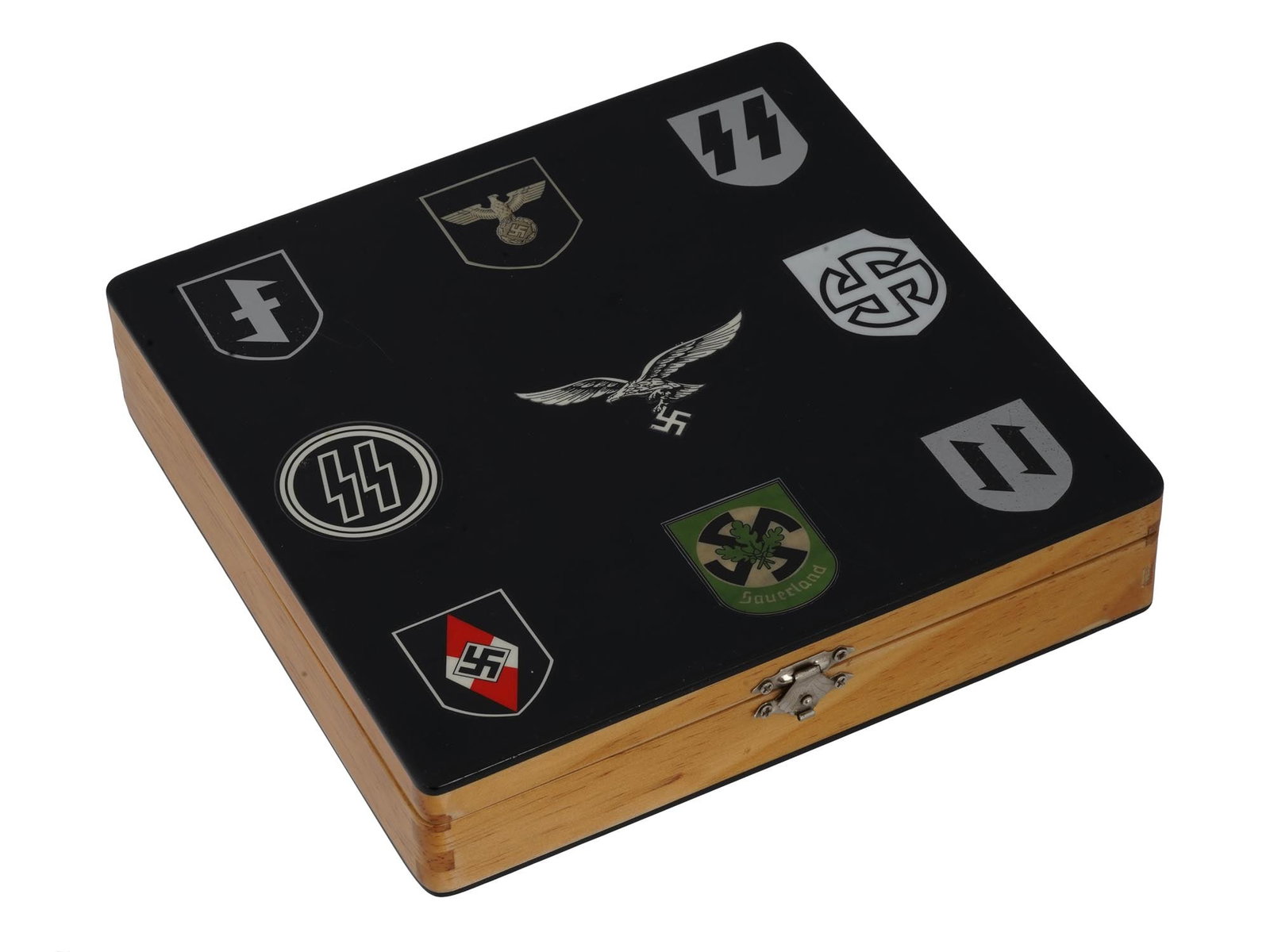 WWII NAZI GERMAN WAFFEN SS DIVISION INSIGNIAS BOX: A WWII Nazi German wooden box adorned with insignias of Waffen SS divisions on top, with a lock. The boxs design, featuring the insignias, is associated with the military regalia and emblems of specif