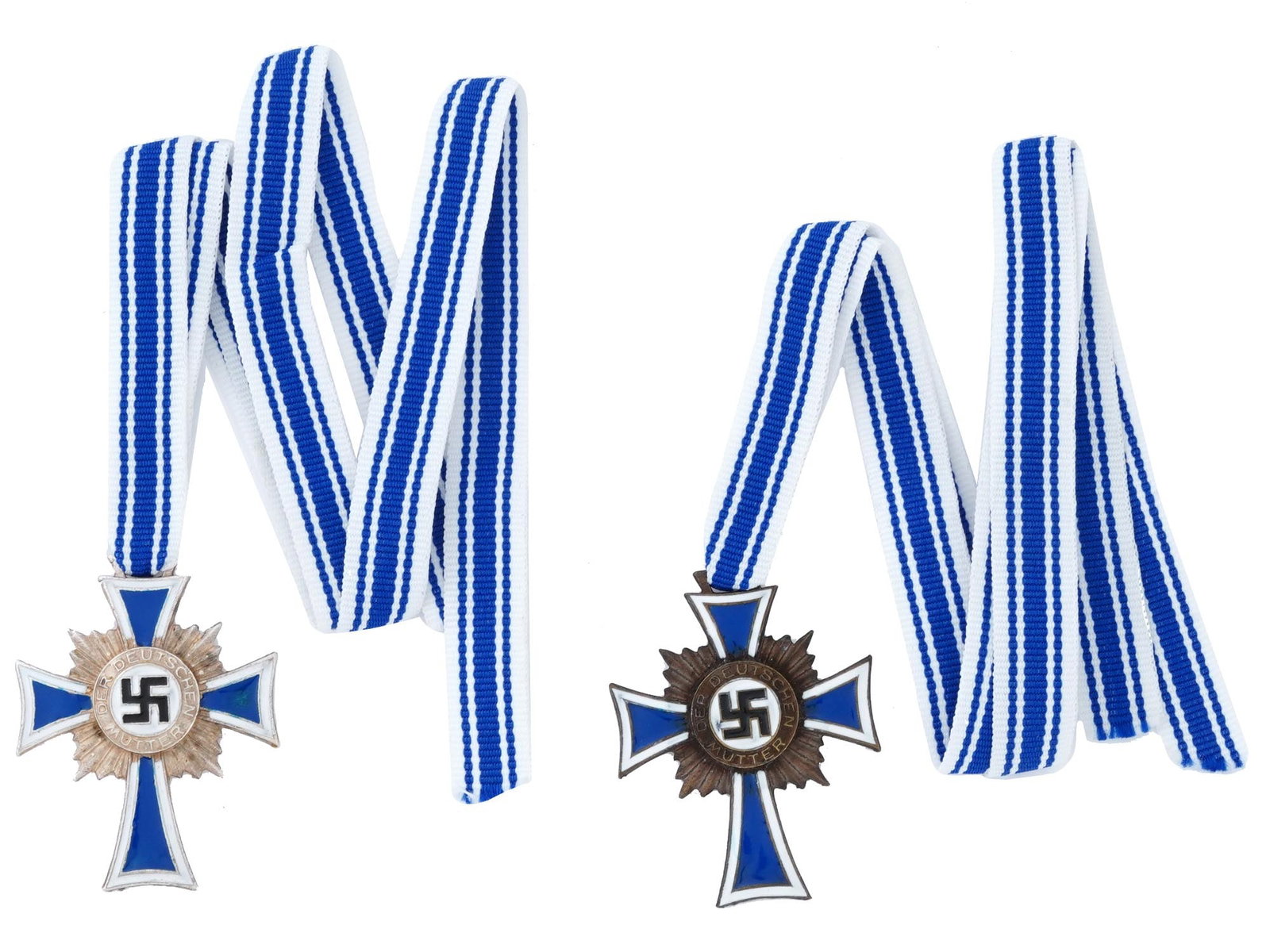 SET OF TWO WWII NAZI GERMAN MOTHERS CROSSES: A set of two WWII Nazi German Mothers Crosses in bronze and silver. Each features a slender elongated form of the Iron Cross and is very similar in design to the Marian Cross of the Teutonic Order, en