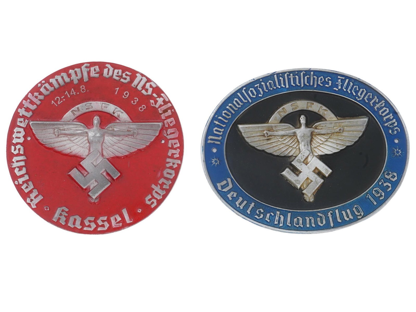 GROUP OF 2 GERMAN THIRD REICH NSFK PILOT PLAQUES: A group of two German WWII Third Reich NSFK pilot plaques, 1938. First is the 1938 National Socialist Flyers Corps Kassel Championships plaque, featuring an image of a human figure with wings, and cov