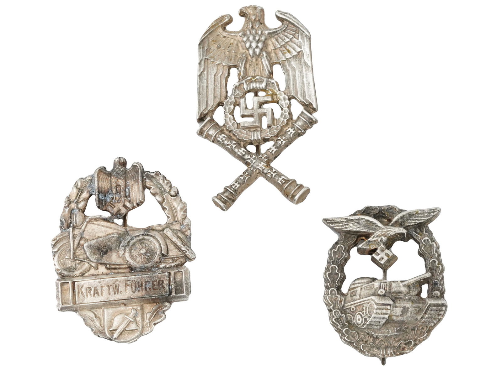 NAZI GERMAN MILITARY AWARD BADGES PANZER ASSAULT: A lot of three WWII era Nazi German military decorations. An award badge for tank attack. Reichsmarschall Hermann Goring Shoulder Board Eagle. Motorcycle Club Kraftwerk Fuhrer badge. RZM hallmark is o