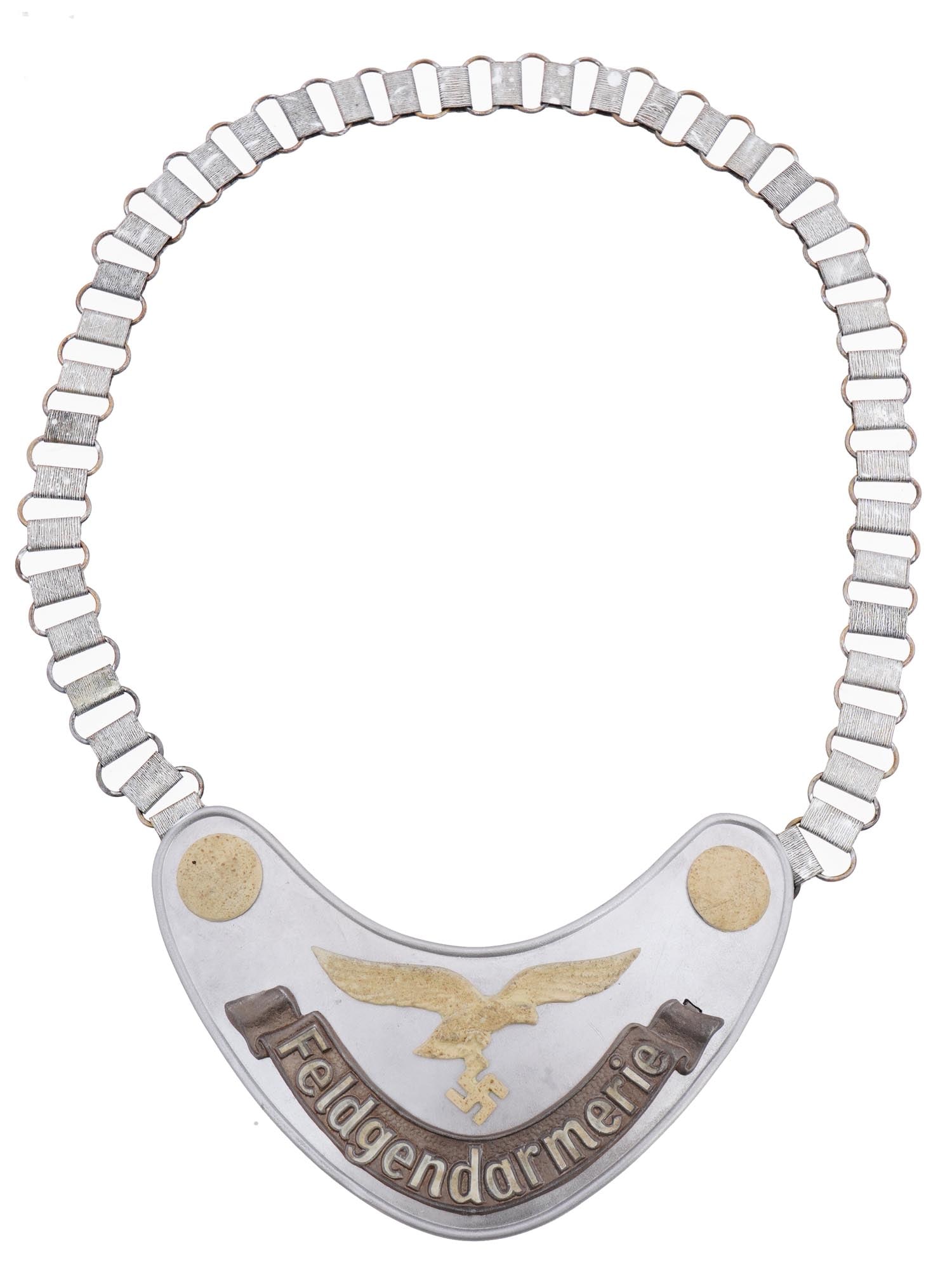 WWII GERMAN LUFTWAFFE MILITARY FIELD POLICE GORGET: A WWII Nazi German Luftwaffe Military Field Police Feldgendarmerie gorget. The gorget is made of die stamped steel construction aluminum coated. The Luftwaffe eagle with a swastika and buttons are pai