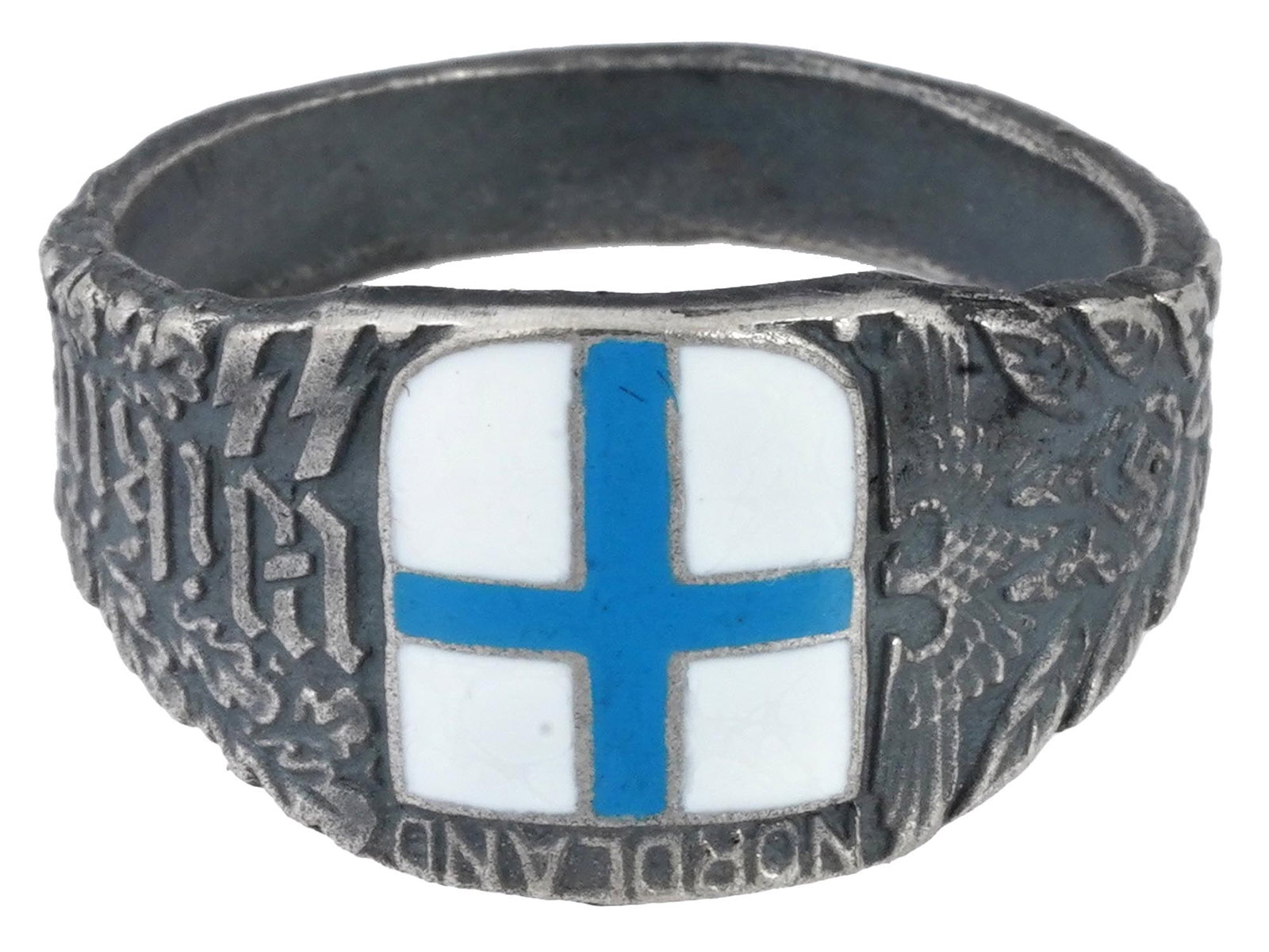 WWII GERMAN WAFFEN SS WIKING NORDLAND SILVER RING: A WWII German Waffen SS Division Wiking regiment Nordland enameled silver ring. The ring is covered with an enameled image of a cross in blue and white shades, and adorned with engraved foliage, oak l