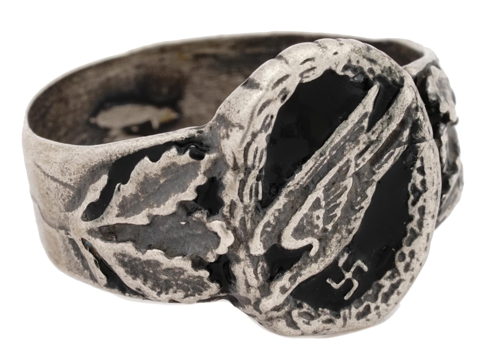 GERMAN WWII LUFTWAFFE PARATROOPER SILVER ENAMELED RING: A WWII Nazi German Third Reich Luftwaffe Paratrooper silver enameled ring. The ring is adorned with a Nazi eagle swastika insignia in the center, surrounded by oak leaves, and covered with enamel in a