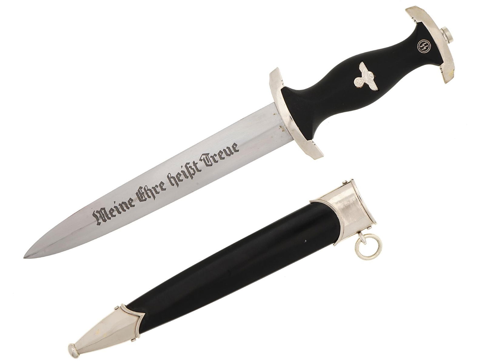NAZI GERMAN WWII WAFFEN SS DAGGER BOKER SOLINGEN: A WW Nazi German Waffen SS dagger. The blade is silver plated nickel and engraved in German: My Honor Is Loyalty. The ricasso has a makers mark reading Boker, Solingen, along with the company logo. Th