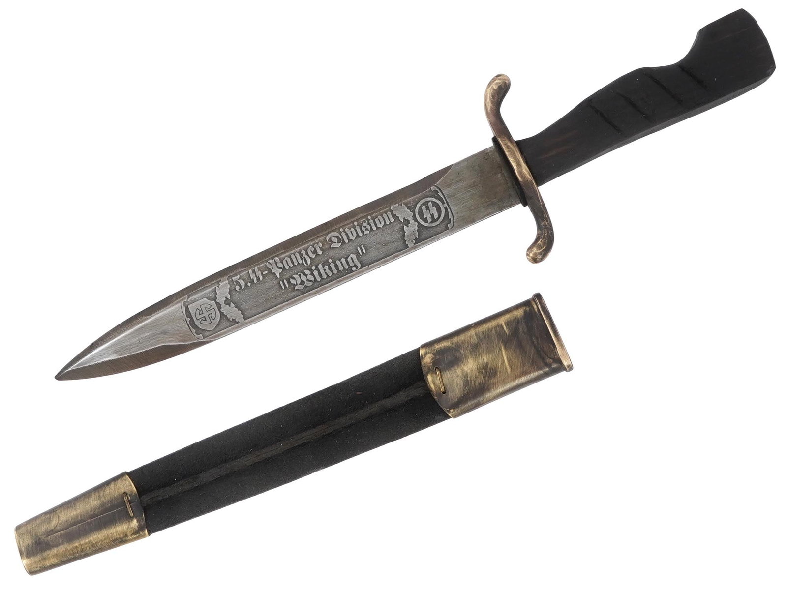 GERMAN WWII 5TH SS PANZER DIVISION WIKING BAYONET: A German WWII 5th SS Panzer Division Wiking presentation bayonet featuring a carved hilt and etched steel blade. Marked on the ricasso. Comes with a leather bound scabbard with brass fittings. Europea
