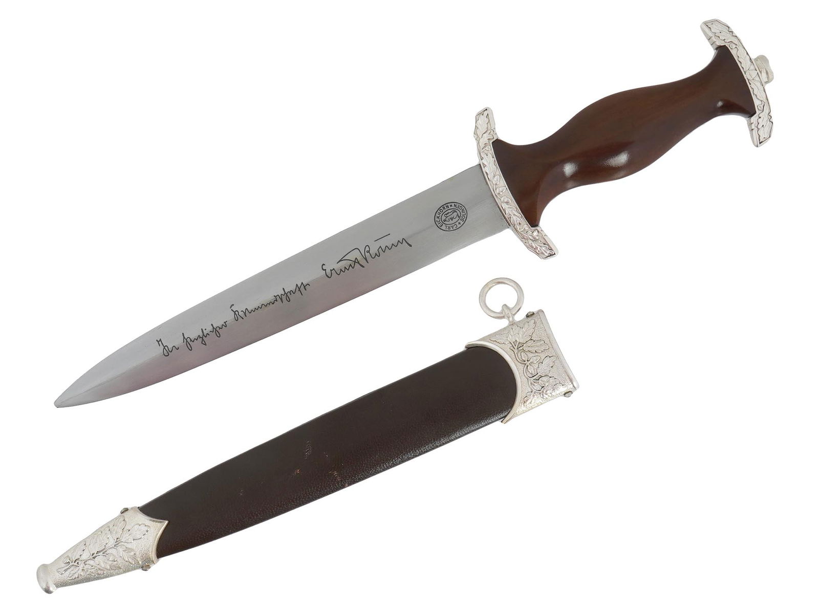 GERMAN WWII SA HONOR DAGGER BY EICKHORN SOLINGEN: A World War II Nazi German SA Ehrendolch, or honor dagger. Model M33. The stainless steel blade is garnished with etching, the motto Alles fur Deutschland, Anything for Germany, on the recto side, ins