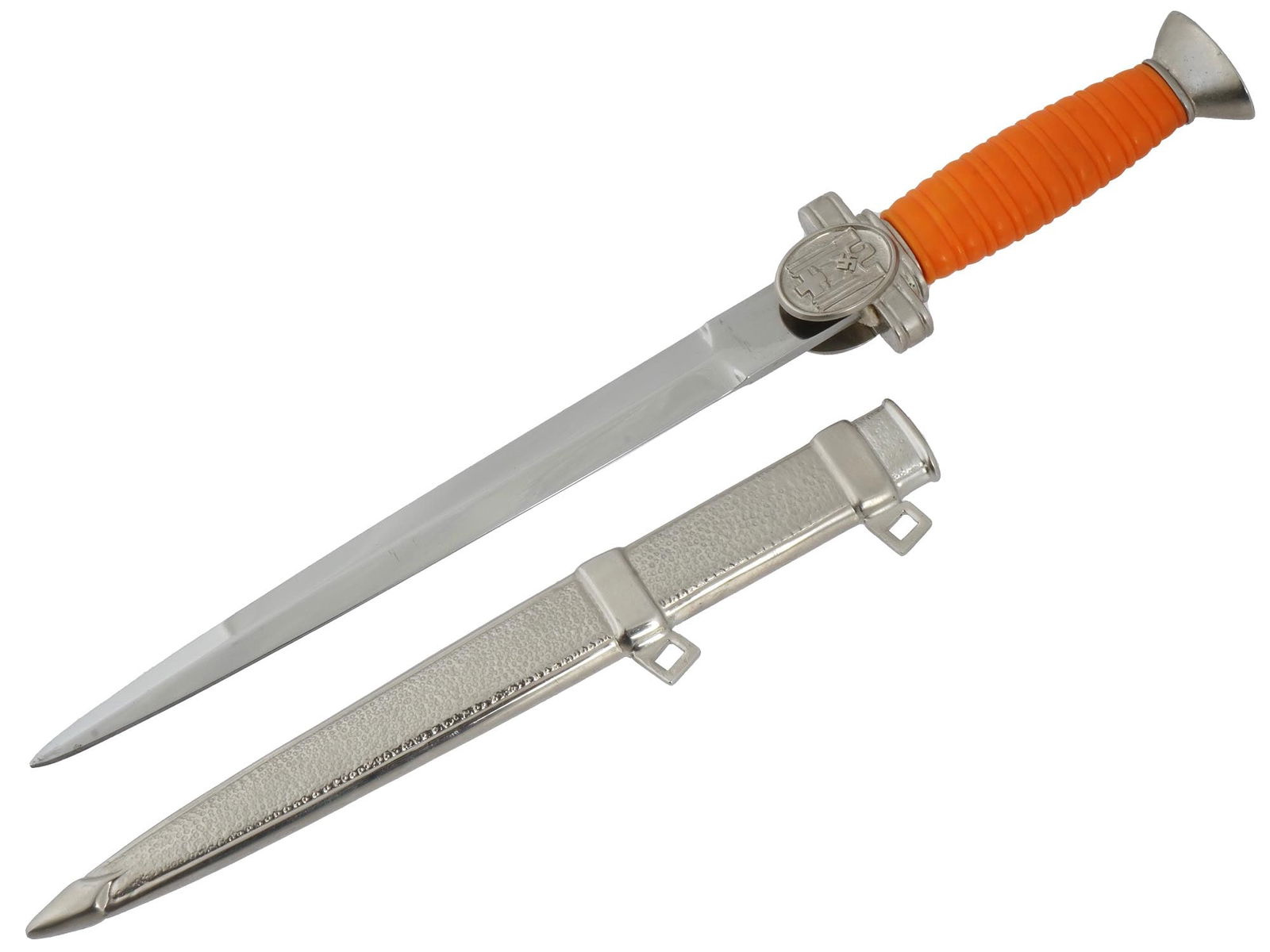 WWII GERMAN RED CROSS OFFICERS MINIATURE DAGGER: A World War II German Red Cross, Deutsches Rotes Kreuz, officers miniature dagger. Stainless steel blade. Yellow synthetic grip. A symbol of the DRK, an eagle with a swastika and a cross, is on the cr