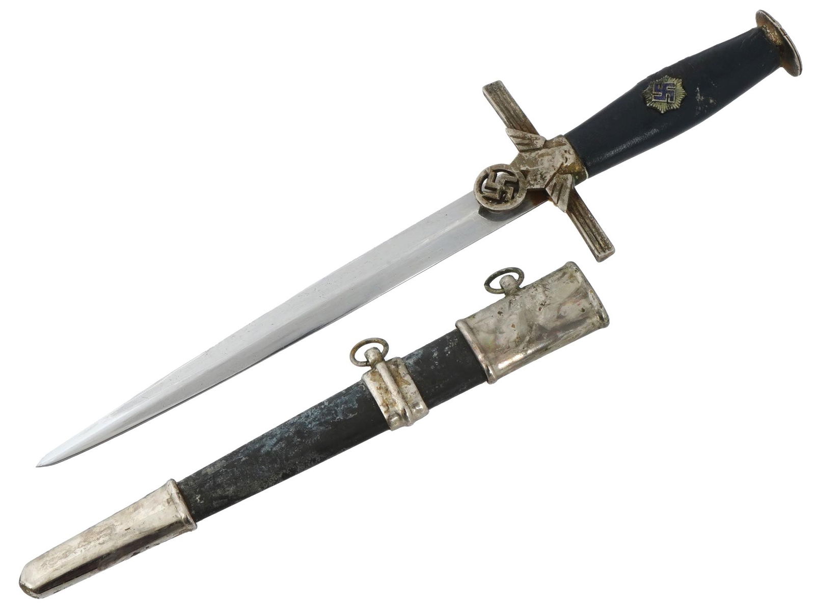 WWII NAZI GERMAN RLB LEADER MINIATURE DAGGER: A WWII Nazi German RLB leaders miniature dagger featuring a stiletto style blade with a high central ridge. The silver-plated dual straight cross guard has three recessed horizontal lines to both the