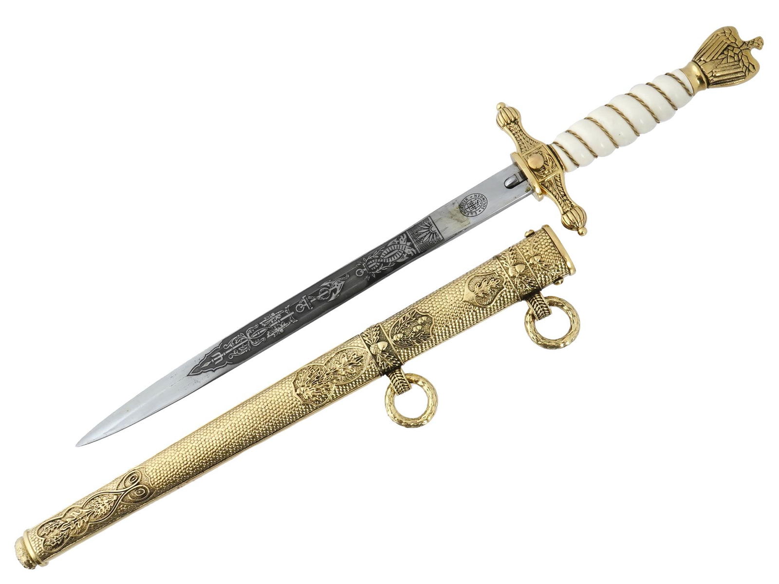WWII GERMAN KRIEGSMARINE DAGGER BY HORSTER SOLINGEN: A WWII Nazi German Third Reich Kriegsmarine Admirals dagger. The grip is covered with white cellulose and decorated with a gilt brass wired bound. The figural pommel features a gilt brass eagle swasti
