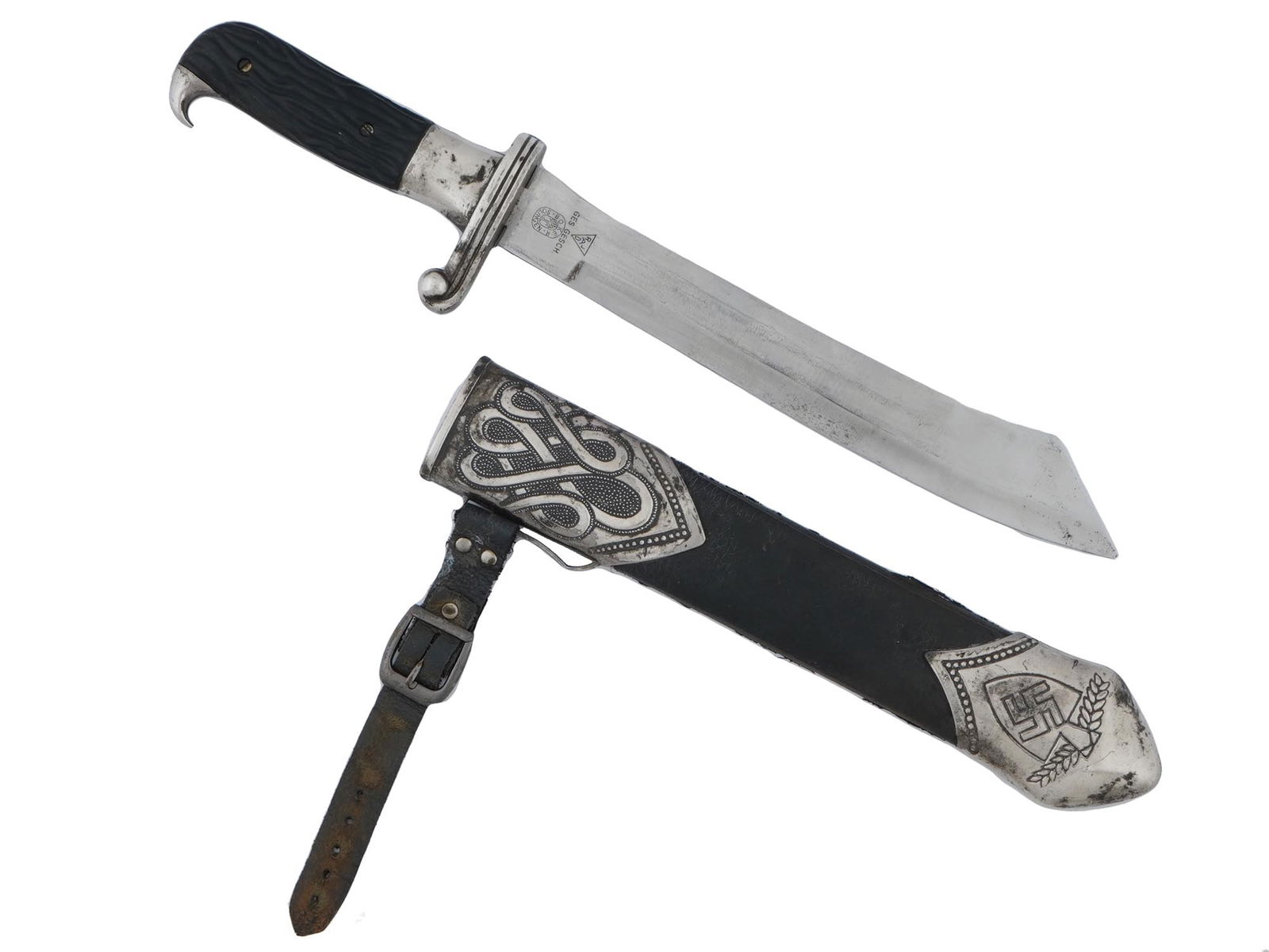 NAZI GERMAN WWII RAD LABOR FRONT DAGGER W SCABBARD: A World War II Nazi German stainless steel dagger with a matching black leather scabbard. The dagger has a hardwood grip. The blade is decorated with an acid etched inscription Arbeit adelt, Work make