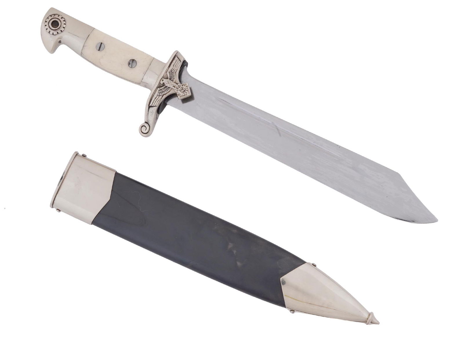 WWII GERMAN TENO EM DAGGER BY EICKHORN SOLINGEN: A WWII Nazi German Teno Enlisted hewer dagger with a stainless steel one fuller blade hallmarked, Ges. Gesch., Original Eickhorn Solingen. The silver nickel cross guard with a scroll features the Nazi