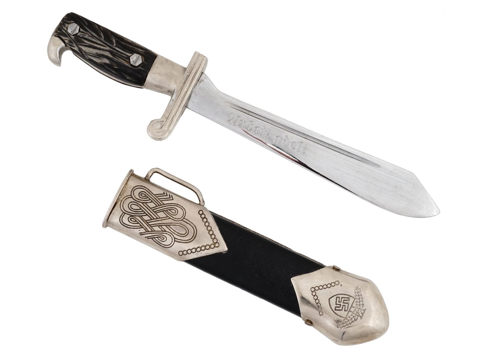 MINIATURE GERMAN WWII RAD LABOR FRONT DAGGER: A miniature World War II Nazi German stainless steel dagger with a matching black leather scabbard. The dagger has a hardwood grip. The blade is decorated with an acid etched inscription Arbeit adelt,