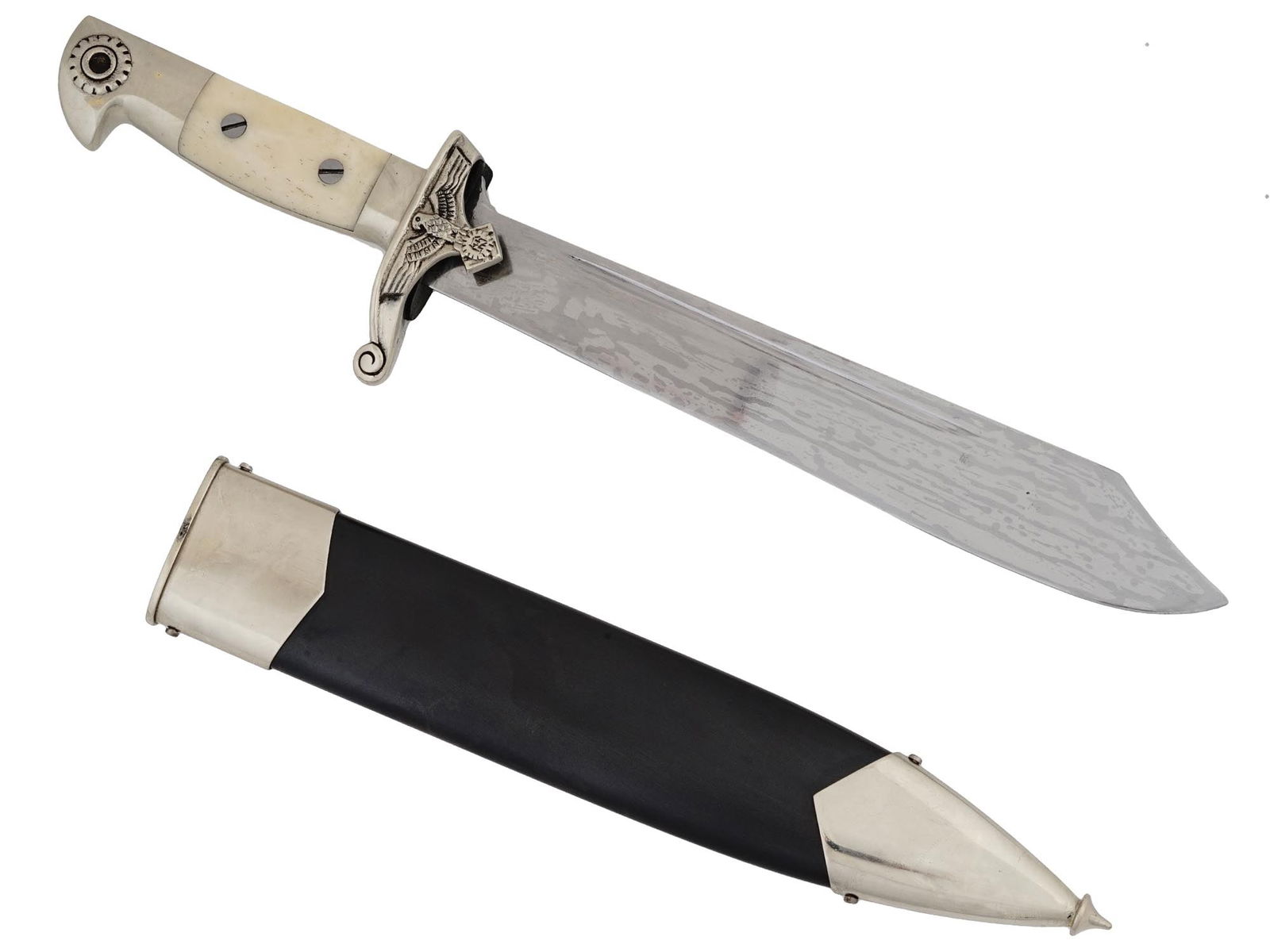 GERMAN WWII TENO DAGGER BY EICKHORN SOLINGEN: A World War II Nazi German TeNo enlisted mans hewer or dagger. The dagger features an off white wooden grip. Completed with a black leather scabbard. The scabbard fittings, pommel and crossguard are n
