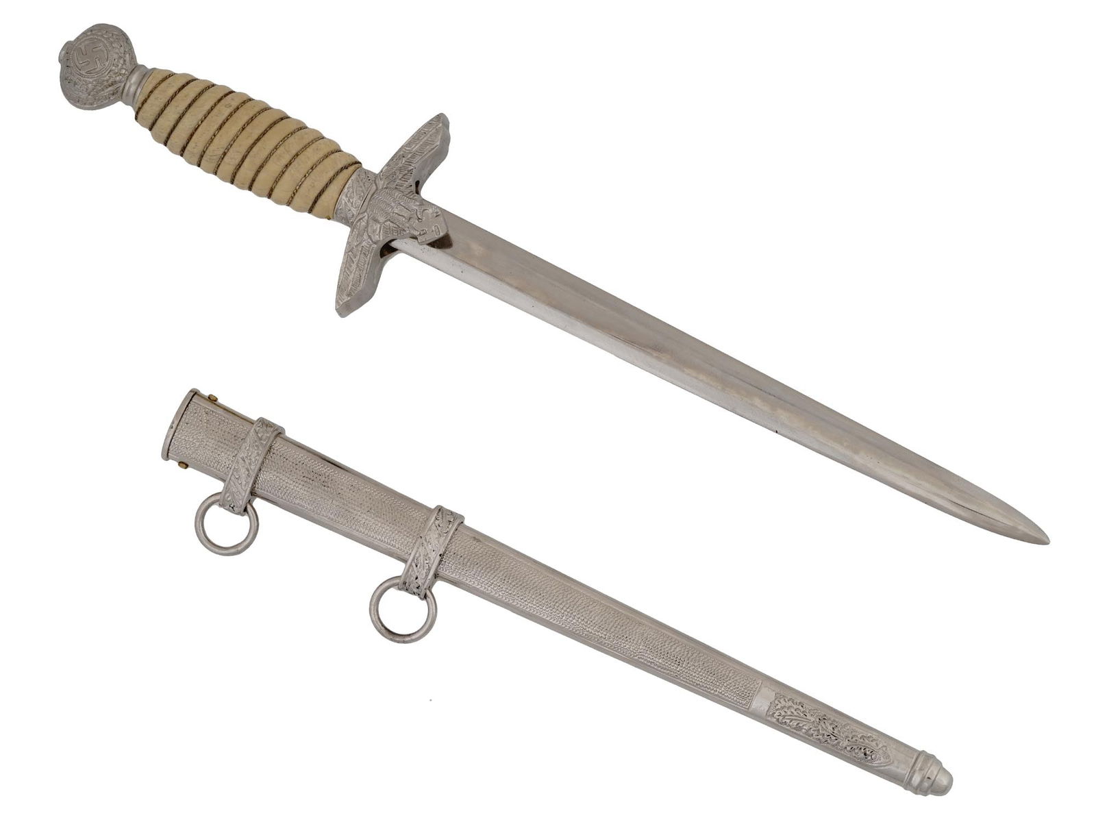 WWII NAZI GERMAN LUFTWAFFE 2ND MODEL DAGGER: A WWII Nazi German Third Reich Luftwaffe second model dagger. The pommel shows a swastika symbol within a wreath, while the crossguard is modeled as an eagle clutching a swastika insignia in its claws