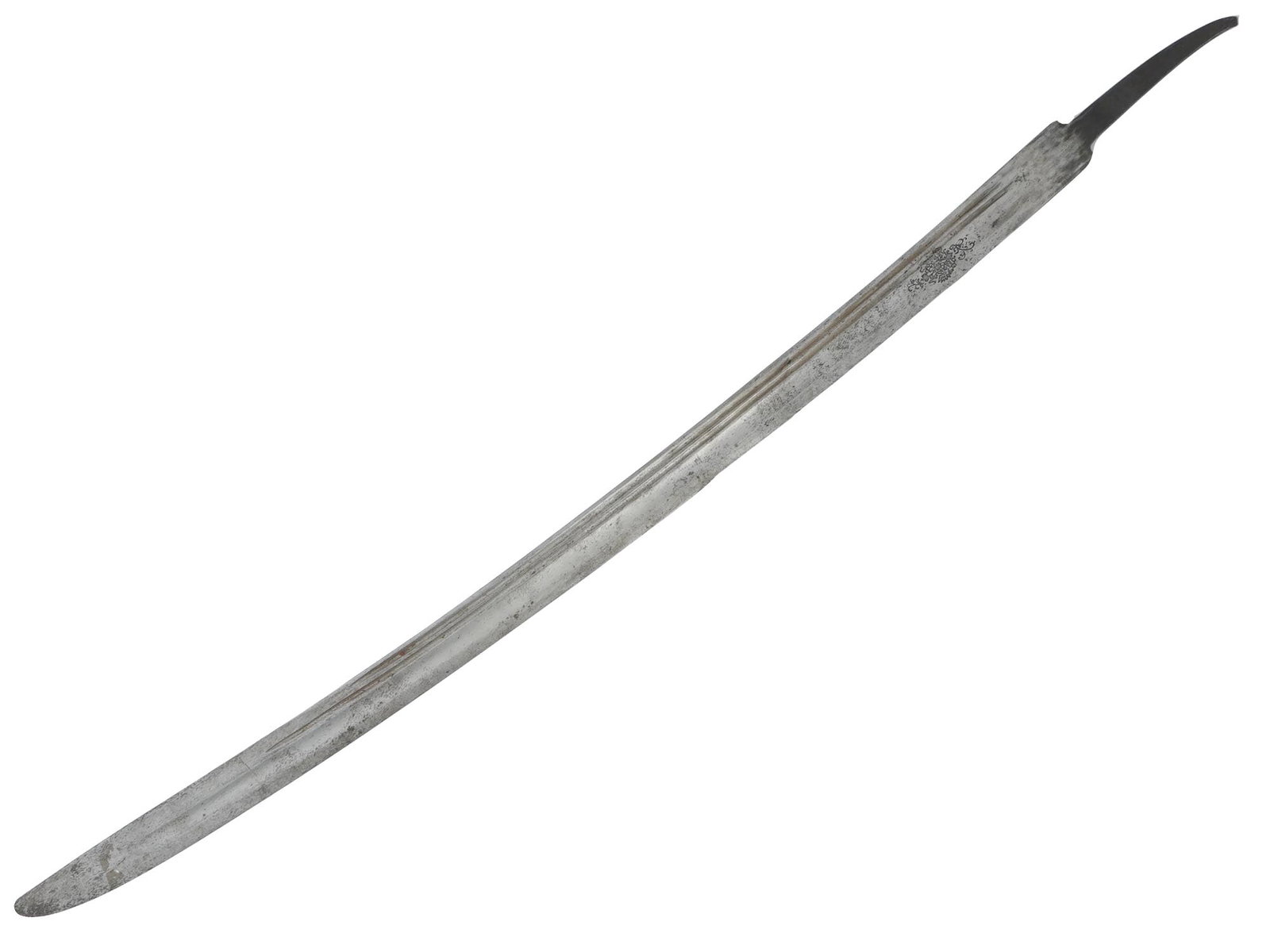 RUSSIAN IMPERIAL NICHOLAS II OFFICERS SHASHKA BLADE: A Russian Imperial Nicholas the Second period Officers shashka blade. The curved fullered blade is etched with an image of an Imperial double headed eagle, and the Nicholas II monogram. Marked with A 
