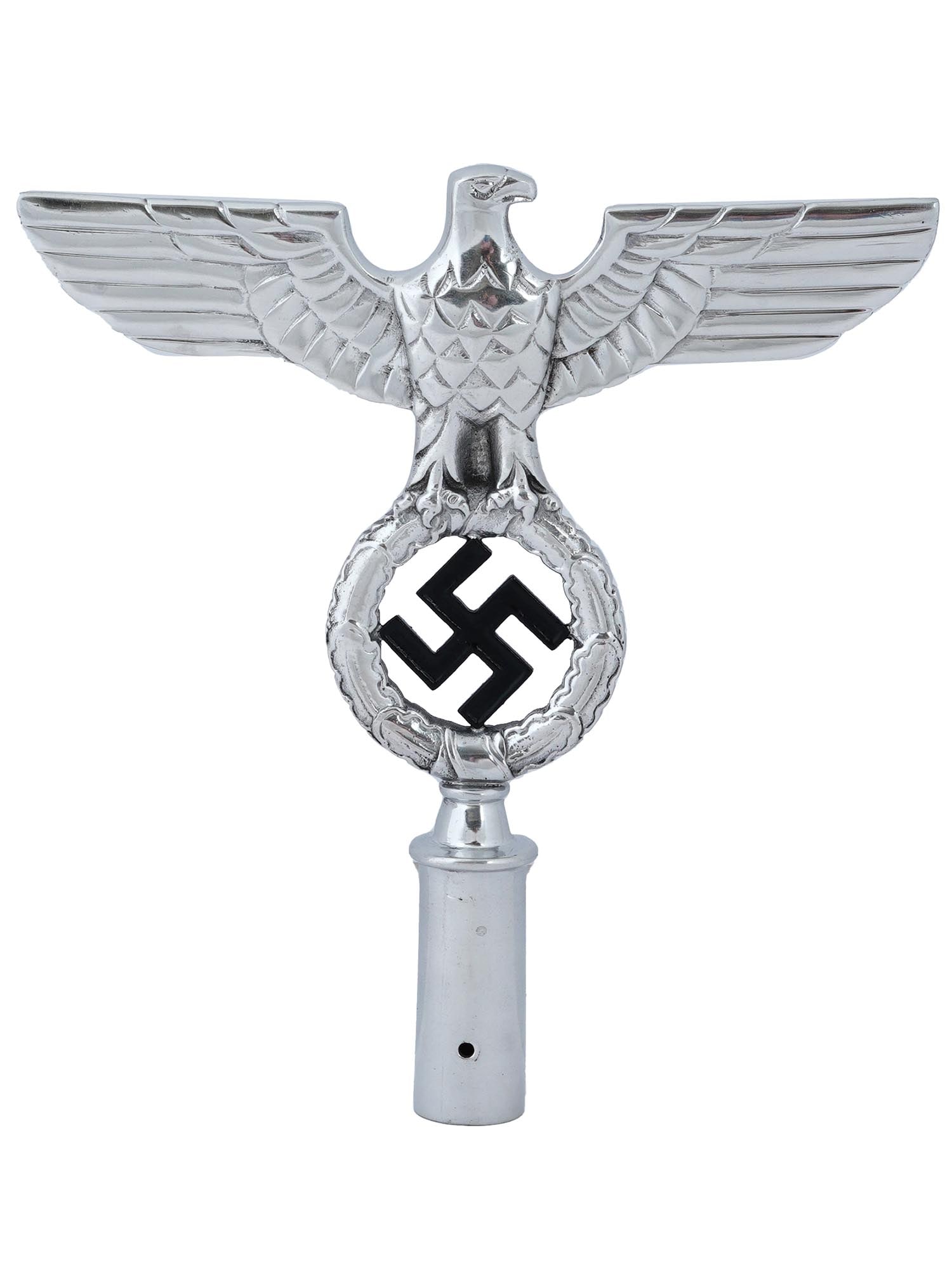 GERMAN THIRD REICH WWII NSDAP FLAG POLE TOP: A German Third Reich WWII NSDAP flag pole top. The flag pole top is in the shape of a state symbol of Nazi Germany an eagle sitting on a hollow wreath with a swastika in the middle, equipped with a sp