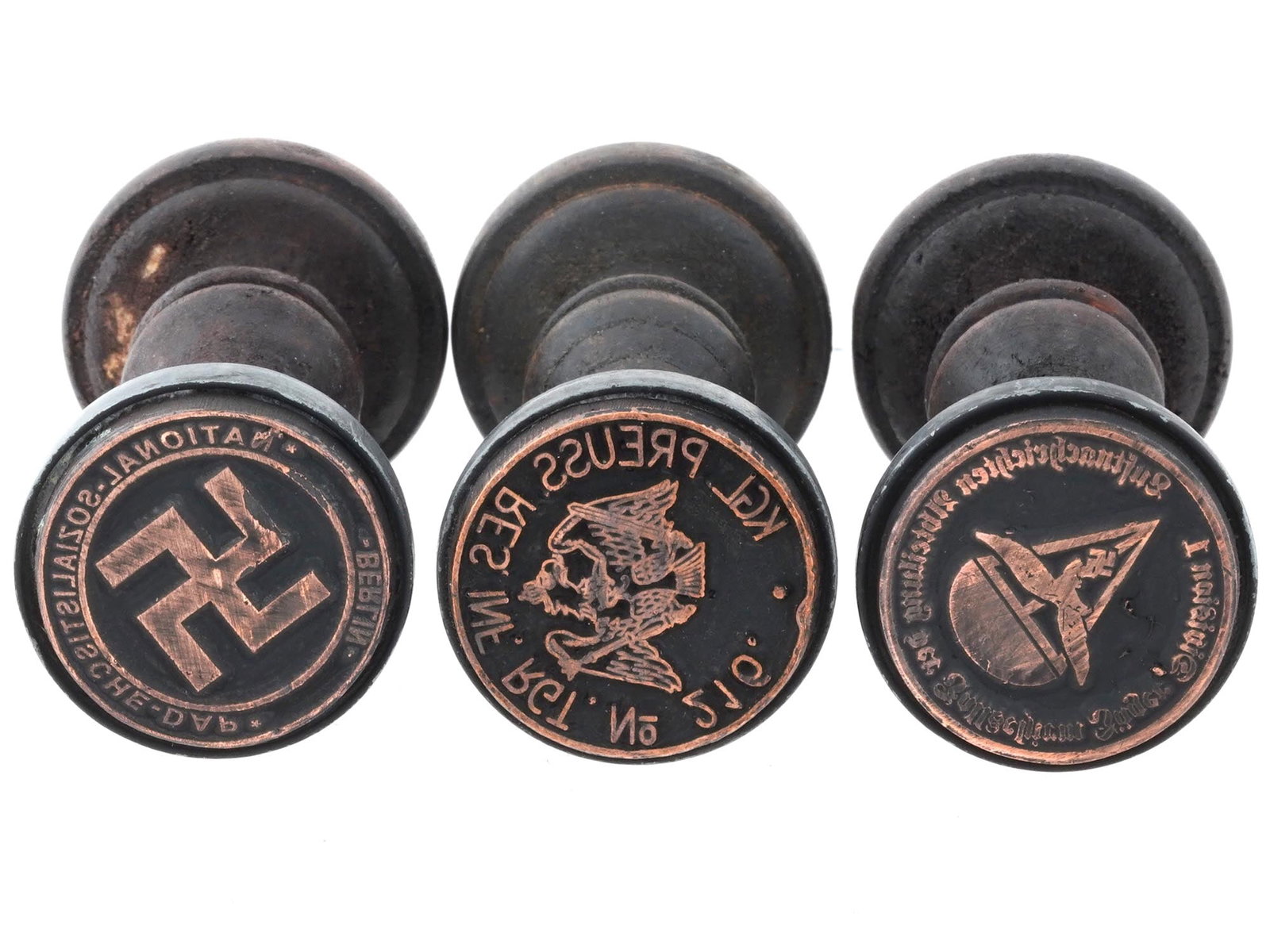 GROUP OF THREE GERMAN WWII WAFFEN SS HAND STAMPS: A lot of three World War II Nazi German wooden seals of various Waffen SS divisions. NSDAP Berlin headquarters, Luftwaffe Paratrooper unit, KGL Prussian ground forces, regiment no. 216. Second World W