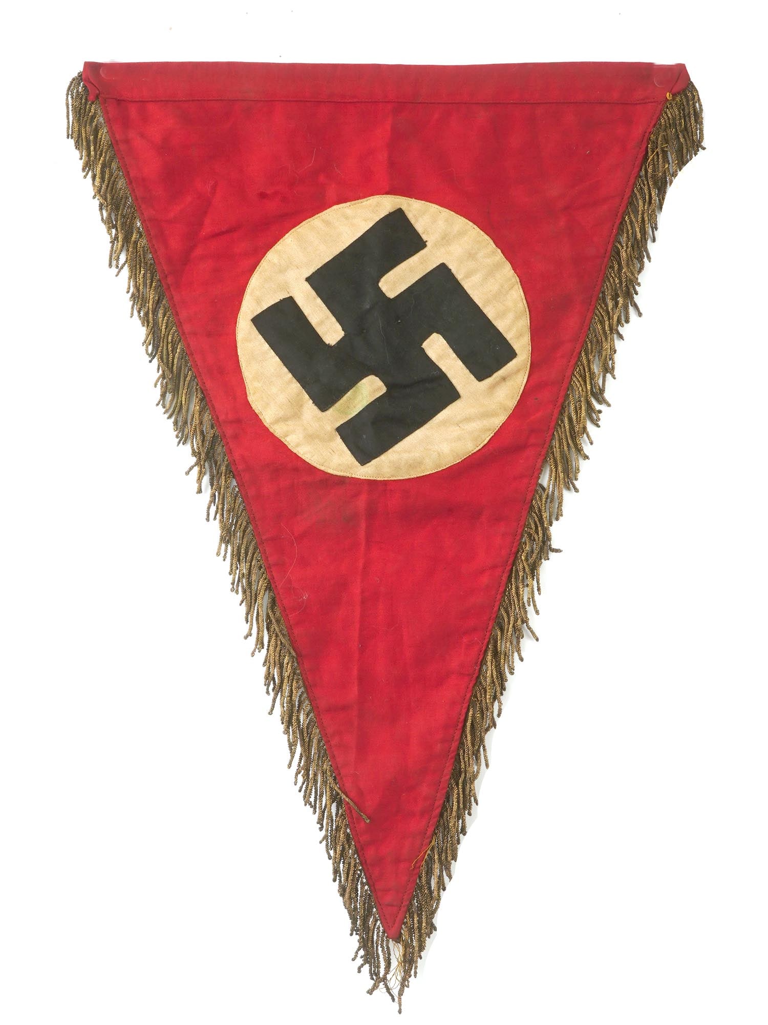 GERMAN WWII NSDAP DOUBLE SIDED PENNANT: A WWII Nazi German Third Reich NSDAP party emblem pennant flag. Double sided multi piece display. Made of red, black, and white cotton. The flag is adorned with a swastika insignia. The ware is decora
