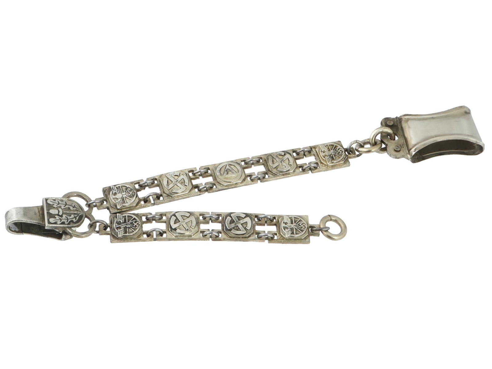 WWII NAZI GERMAN NSKK HANGER FOR DAGGER: A WWII Nazi German Third Reich NSKK, or National Socialist Motor Corps, dagger hanger. The hanger is made in a link design. Each link is engraved with the runic symbols and the NSKK eagle swastika ins