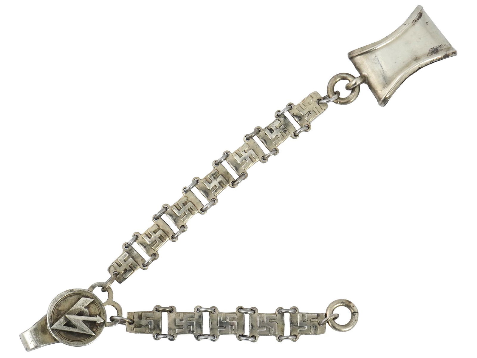 GERMAN WWII HANGERS FOR SA DAGGER: A WWII Nazi German Third Reich SA dagger hanger. The hanger is made in a link design. Each link is engraved with a Swastika insignia. An engraved SA insignia on the top hanger clip. Marked, RZM. Secon