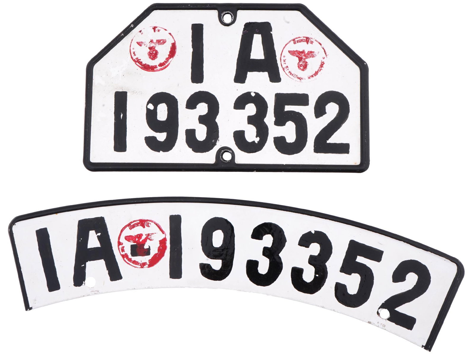 GERMAN WWII SET OF SIGNS FOR A HEER ARMY BIKE: A WWII Nazi German Third Reich Heer Army bike set of a pair of propaganda enamel tin signs. Each sign is inscribed, IA, and numbered, 193352. Stamped with a red seal with a Nazi eagle holding a swasti