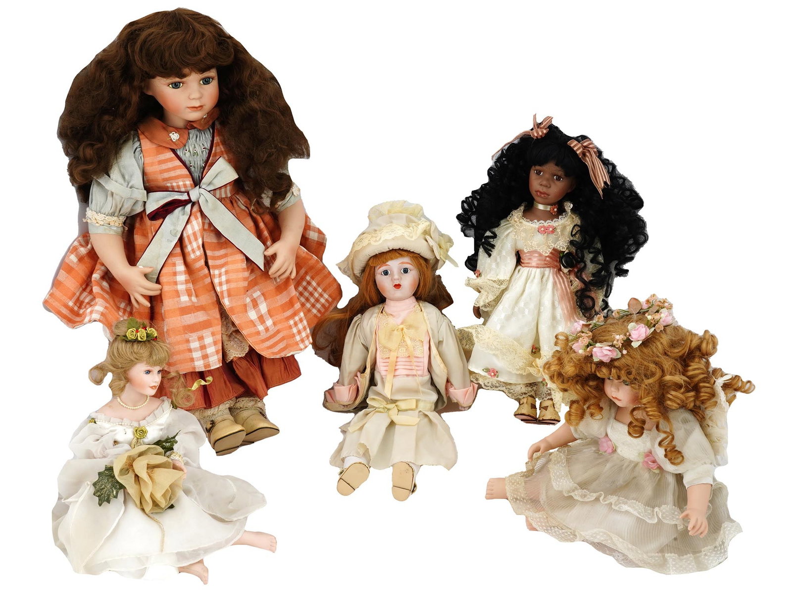 COLLECTION OF VINTAGE PORCELAIN DOLLS IN OUTFITS: A collection of vintage dolls, featuring a variety of shapes and sizes, each adorned with bouffant hairstyles and dressed in exquisite outfits. These dolls, with their distinctive bouffant hairstyles,