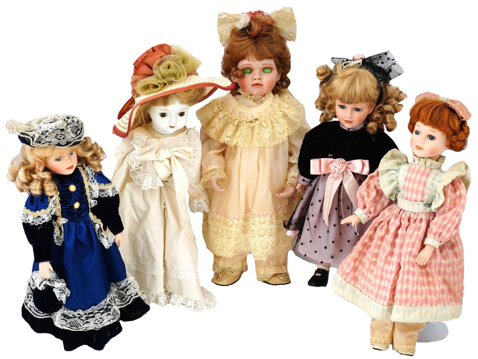 COLLECTION OF VINTAGE PORCELAIN DOLLS IN OUTFITS: A collection of vintage dolls, featuring a variety of shapes and sizes, each adorned with bouffant hairstyles and dressed in exquisite outfits. These dolls, with their distinctive bouffant hairstyles,