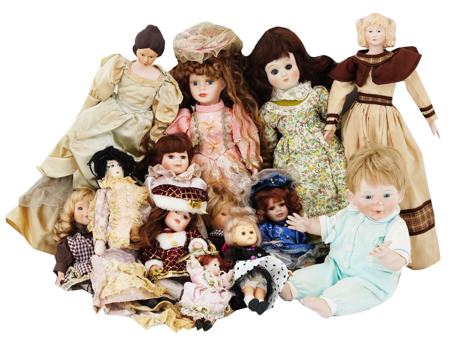 COLLECTION OF VINTAGE PORCELAIN DOLLS IN OUTFITS (1 of 12)