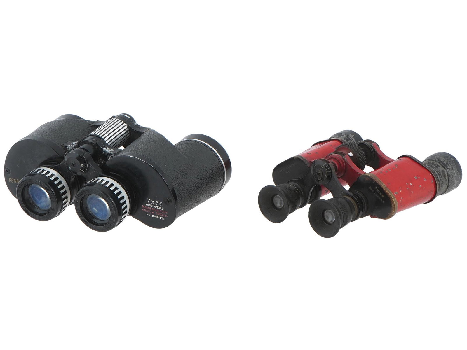 ANTIQUE PENNCREST AND FRENCH STEREO MEGAPHOS BINOCULARS: A pair of antique Penncrest and a French Stereo Megaphos binoculars. First is Penncrest 7x35 Wide Angle, Magnesium Body 578 ft at 1000 yds. Circa the first half of the 20th century. And second is Ster