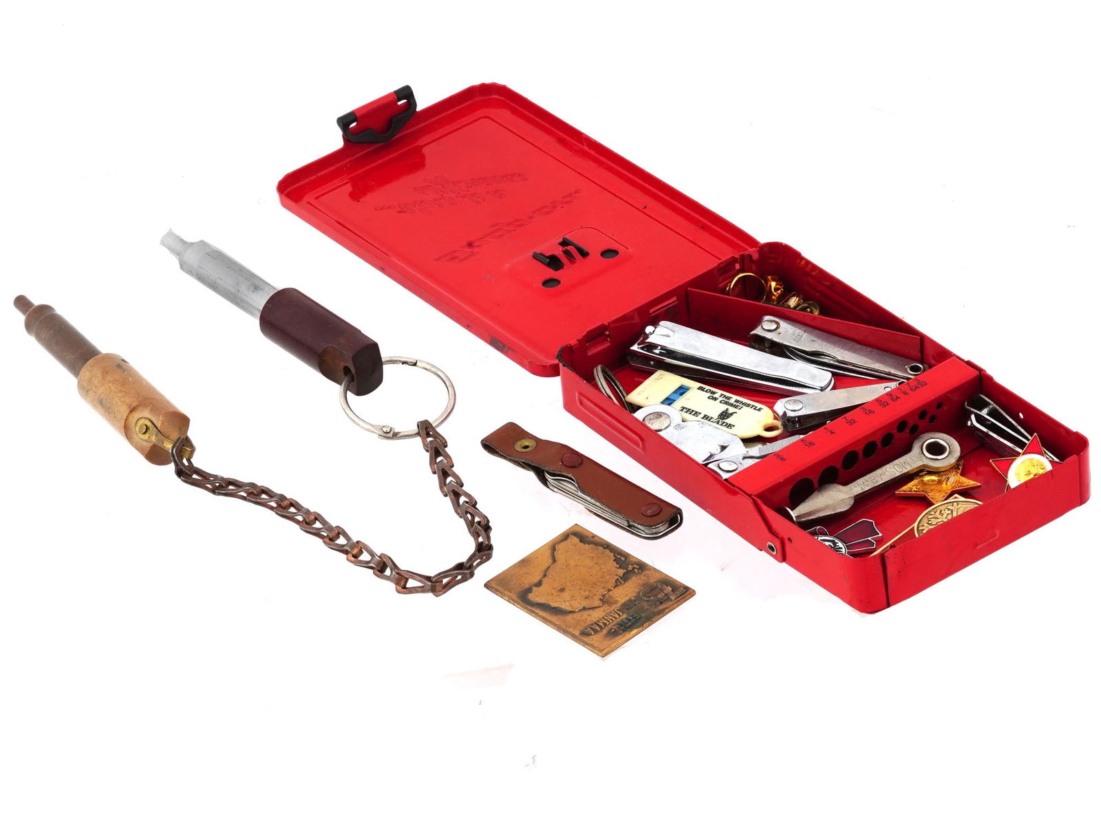 VINTAGE SNAP ON BOX WITH MIXED ITEMS AND TRAIN KEY (1 of 4)