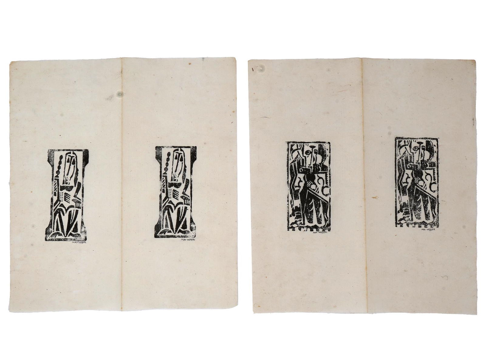 THREE DOUBLE WOODCUTS ON PAPER BY MAX WEBER 1920S: A lot of three double woodcuts on paper, by Max Weber. Two male vertical cubist figures and the third, horizontal composition is a nude portrait of a lying woman. Each item is signed in pencil lower r
