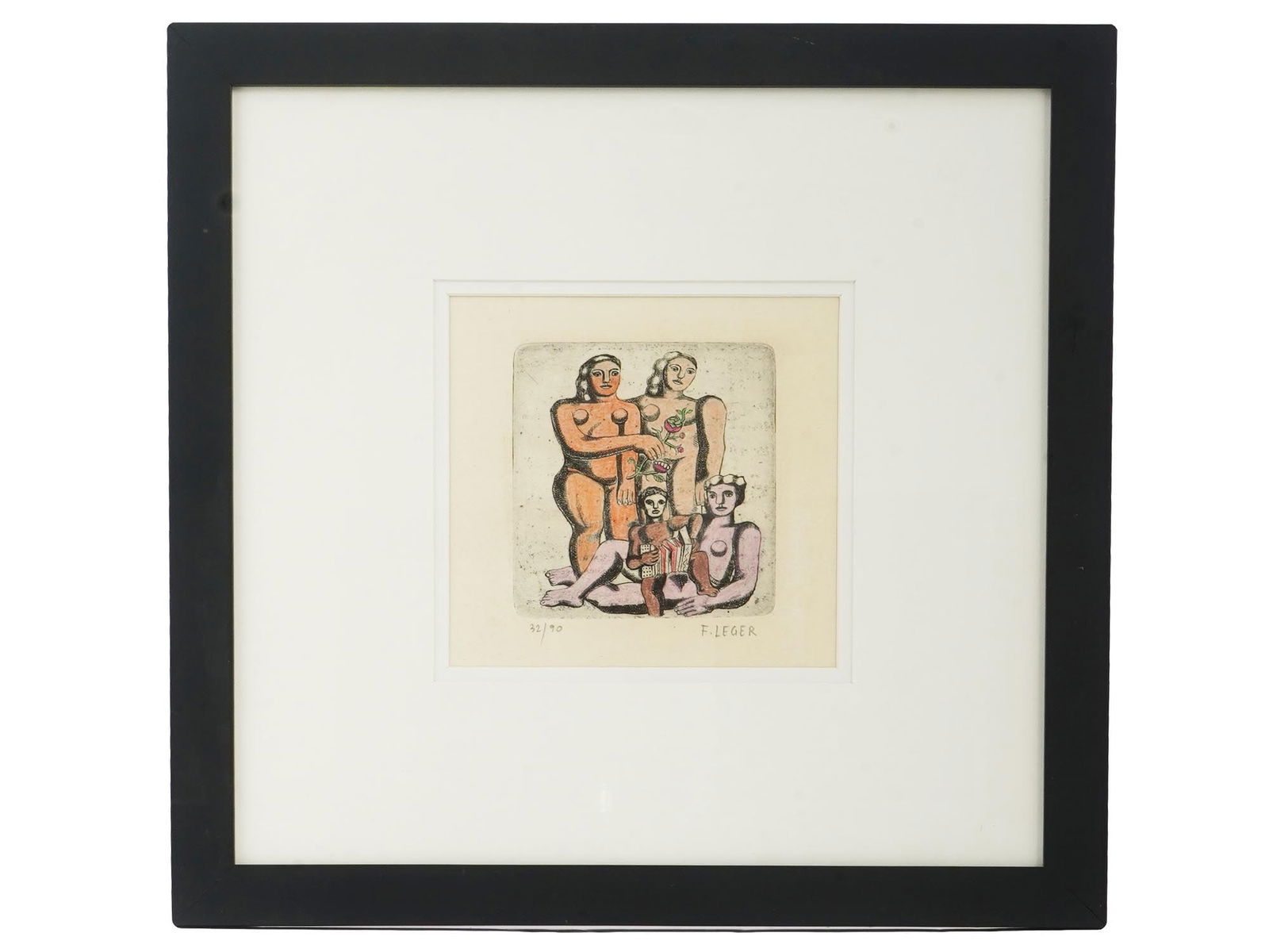 FRENCH FERNAND LEGER LIMITED EDITION ETCHING 1971: A hand colored limited edition, 32 of 90, etching on wove paper, by Fernand Leger, 1971. The artwork, titled Trois Soeurs or Three sisters, depicts a group of three nude women and a child playing garm