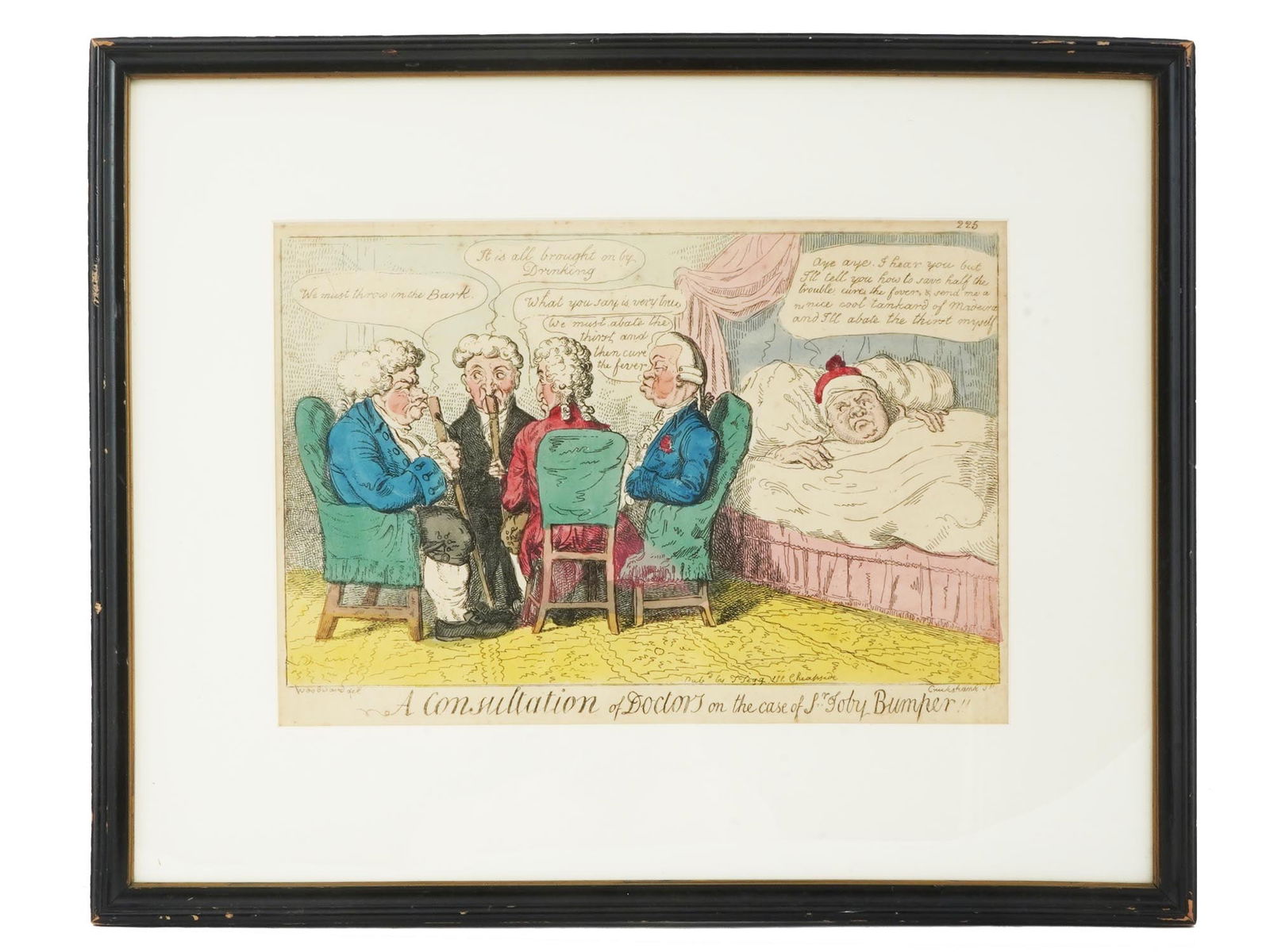 ANTIQUE DOCTORS COLOR ETCHING AFTER GEORGE WOODWARD: Isaac Cruikshank, Scottish, 1764 to 1811, an antique color etching on paper, A Consultation of Doctors on the Case of Sr. Toby Bumper, depicting a scene with four doctors discussing the case of Sir To